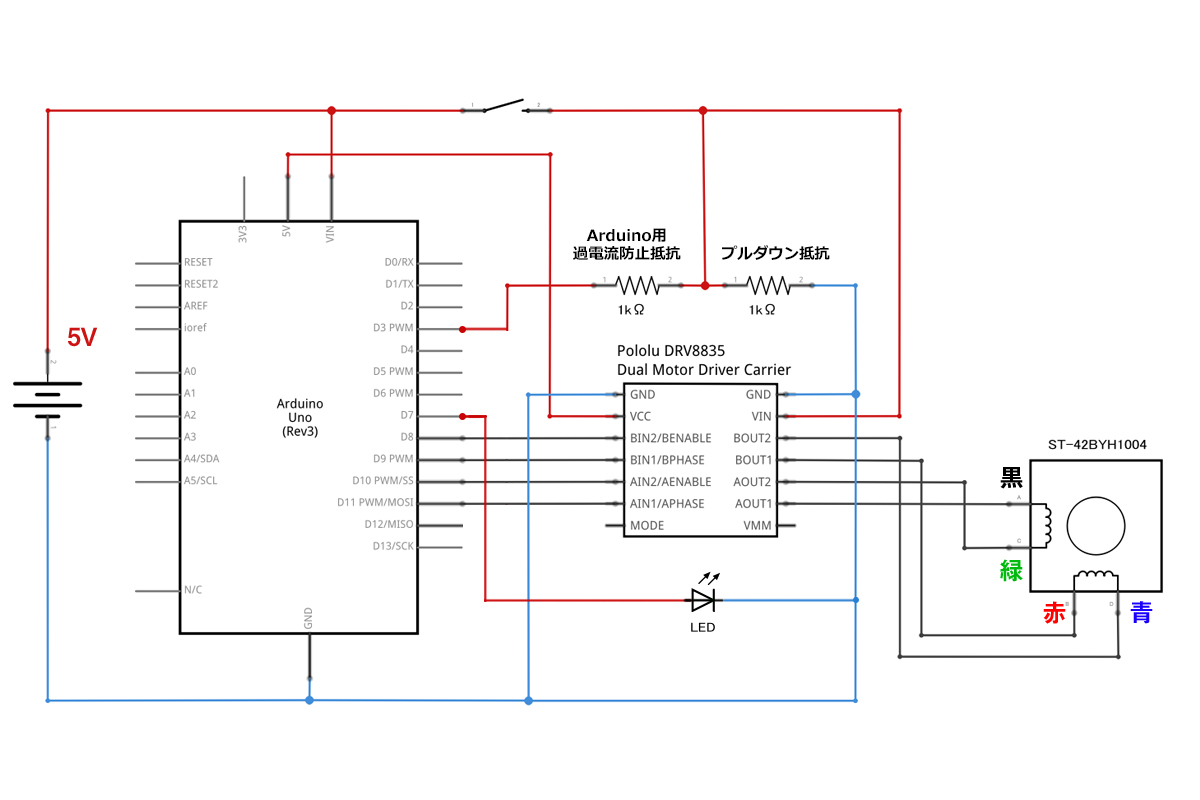 Arduinoでステッピングモーターを動かす （ST-42BYH1004／DRV8835）回路図・配線図