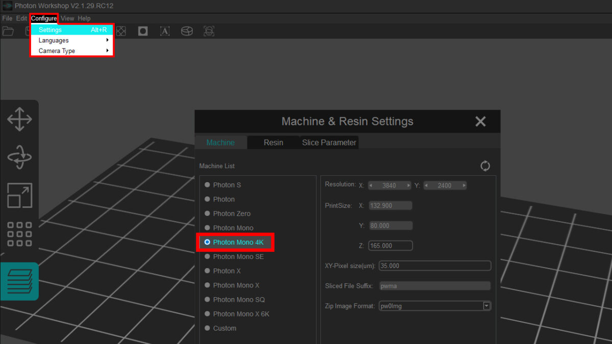 Photon Workshopで使用する3Dプリンタのモデルを選択する画面