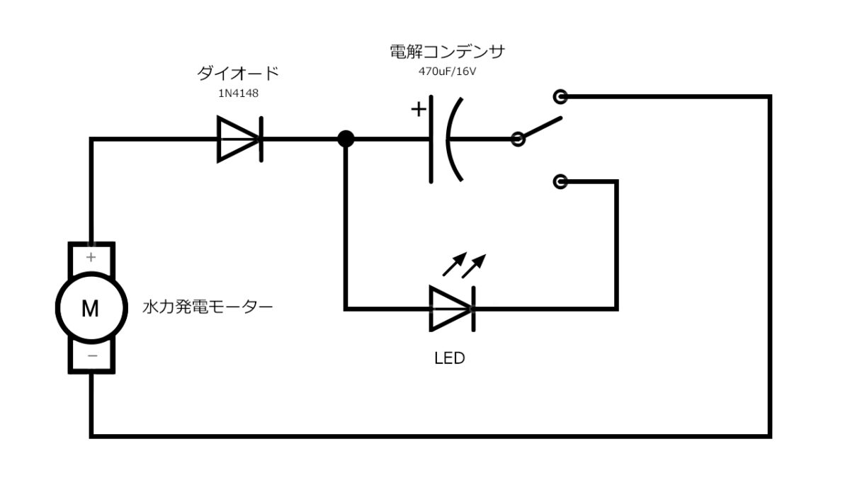 水力発電モーターで充電する回路図