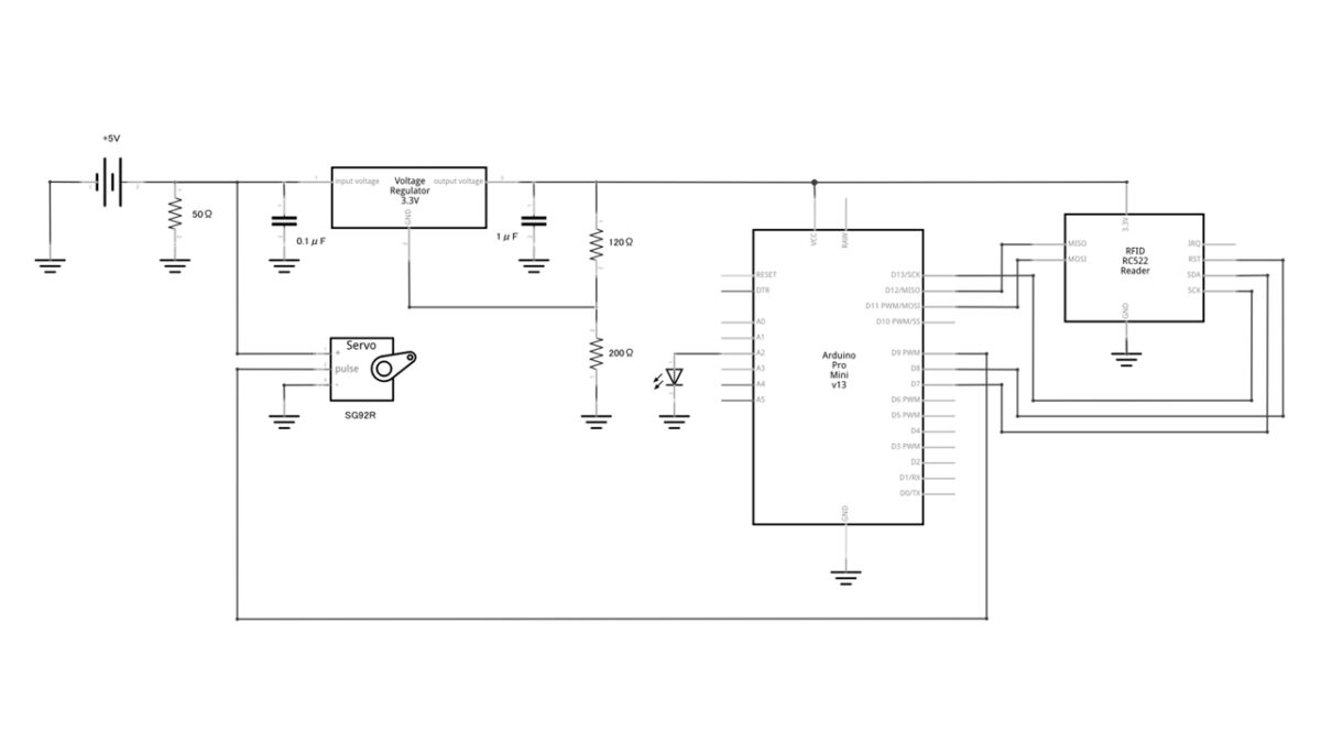 NFCチップ（Ntag213）でRFID無線通信を行い、サーボモーターを制御するための回路図